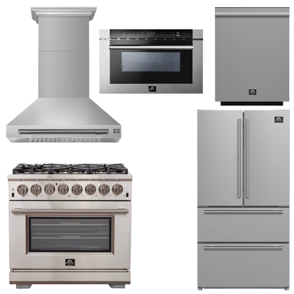 FORNO Appliance Package - 36" Dual Fuel Range, Range Hood, 36" Refrigerator, Dishwasher, 24" Microwave Drawer