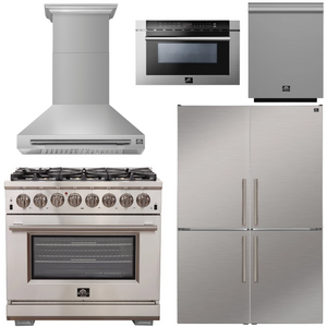 FORNO Appliance Package - 36" Dual Fuel Range, Range Hood, 46.8" Refrigerator, Dishwasher, 24" Microwave Drawer