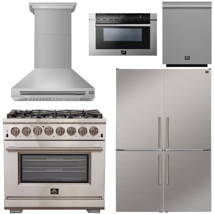 FORNO Appliance Package - 36" Dual Fuel Range, Range Hood, 46.8" Refrigerator, Dishwasher, 24" Microwave Drawer