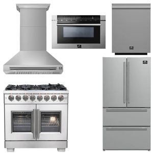 FORNO Appliance Package - 36" French Door Dual Fuel Range, Range Hood, 36" Refrigerator, Dishwasher, 24" Microwave Drawer