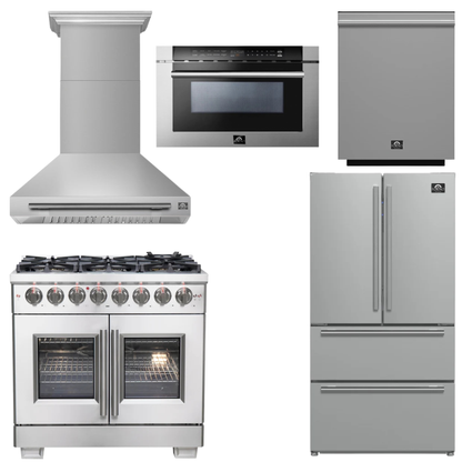 FORNO Appliance Package - 36" French Door Dual Fuel Range, Range Hood, 36" Refrigerator, Dishwasher, 24" Microwave Drawer