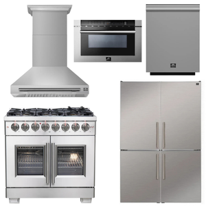 FORNO Appliance Package - 36" French Door Dual Fuel Range, Range Hood, 46.8" Refrigerator, Dishwasher, 24" Microwave Drawer