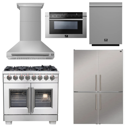 FORNO Appliance Package - 36" French Door Dual Fuel Range, Range Hood, 46.8" Refrigerator, Dishwasher, 24" Microwave Drawer
