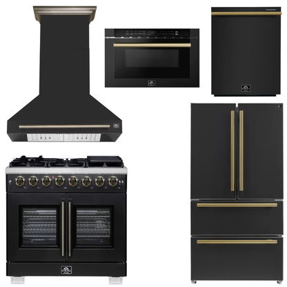 FORNO Appliance Package - 36" French Door Dual Fuel Range, Range Hood, 36" Refrigerator, Dishwasher, 24" Microwave Drawer in Black with Antique Brass Accents