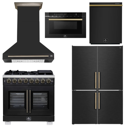 FORNO Appliance Package - 36" French Door Dual Fuel Range, Range Hood, 46.8" Refrigerator, Dishwasher, 24" Microwave Drawer in Black with Antique Brass Accents