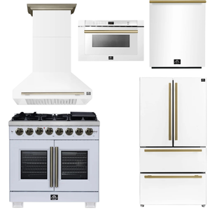 FORNO Appliance Package - 36" French Door Dual Fuel Range, Range Hood, 36" Refrigerator, Dishwasher, 24" Microwave Drawer in White with Antique Brass Accents