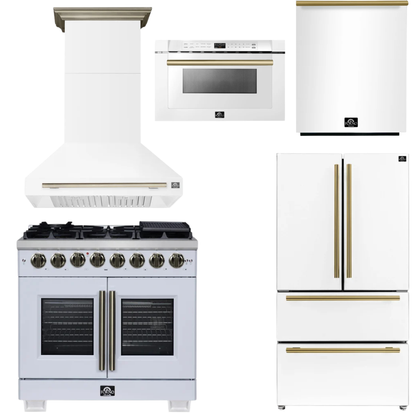 FORNO Appliance Package - 36" French Door Dual Fuel Range, Range Hood, 36" Refrigerator, Dishwasher, 24" Microwave Drawer in White with Antique Brass Accents