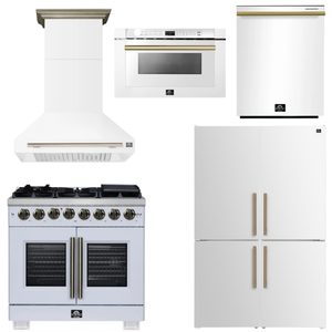 FORNO Appliance Package - 36" French Door Dual Fuel Range, Range Hood, 46.8" Refrigerator, Dishwasher, 24" Microwave Drawer in White with Antique Brass Accents