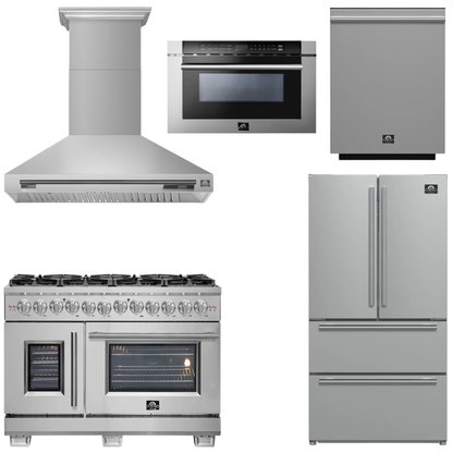 FORNO Appliance Package - 48" French Door Dual Fuel Range, Range Hood, 36" Refrigerator, Dishwasher, 24" Microwave Drawer