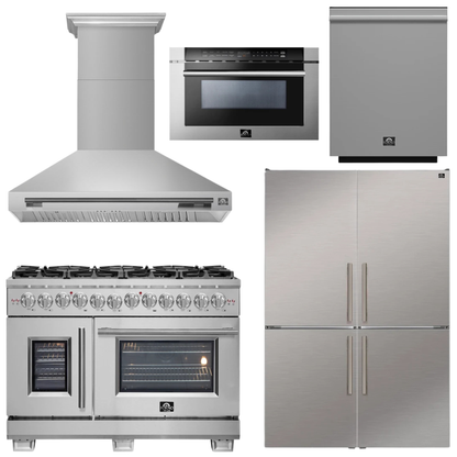 FORNO Appliance Package - 48" French Door Dual Fuel Range, Range Hood, 46.8" Refrigerator, Dishwasher, 24" Microwave Drawer