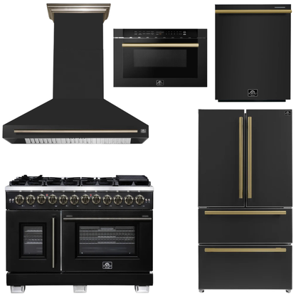 FORNO Appliance Package - 48" French Door Dual Fuel Range, Range Hood, 36" Refrigerator, Dishwasher, 24" Microwave Drawer in Black with Antique Brass Accents