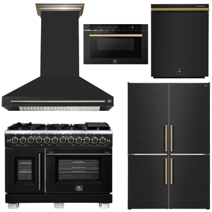 FORNO Appliance Package - 48" French Door Dual Fuel Range, Range Hood, 46.8" Refrigerator, Dishwasher, 24" Microwave Drawer in Black with Antique Brass Accents