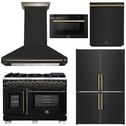 FORNO Appliance Package - 48" French Door Dual Fuel Range, Range Hood, 46.8" Refrigerator, Dishwasher, 24" Microwave Drawer in Black with Antique Brass Accents
