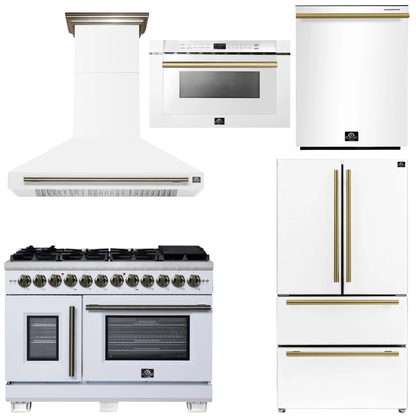 FORNO Appliance Package - 48" French Door Dual Fuel Range, Range Hood, 36" Refrigerator, Dishwasher, 24" Microwave Drawer in White with Antique Brass Accents