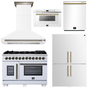 FORNO Appliance Package - 48" French Door Dual Fuel Range, Range Hood, 46.8" Refrigerator, Dishwasher, 24" Microwave Drawer in White with Antique Brass Accents