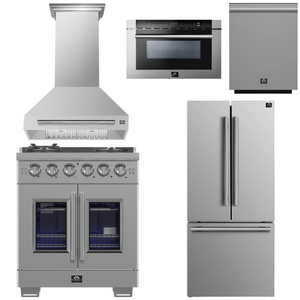 FORNO Appliance Package - 30" French Door Gas Range, Range Hood, 30" French Door Refrigerator with Ice Maker, Dishwasher, 24" Microwave Drawer in Stainless Steel, AP-FFSGS6460-30-D