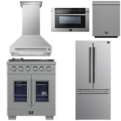 FORNO Appliance Package - 30" French Door Gas Range, Range Hood, 30" French Door Refrigerator with Ice Maker, Dishwasher, 24" Microwave Drawer in Stainless Steel, AP-FFSGS6460-30-D