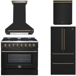 Black freestanding gas range with a matching range hood, shown alongside a black French-door refrigerator and a black undercounter refrigerator drawer unit on a white background.
