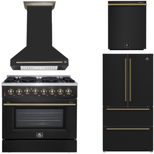 Black freestanding gas range with a matching range hood, shown alongside a black French-door refrigerator and a black undercounter refrigerator drawer unit on a white background.