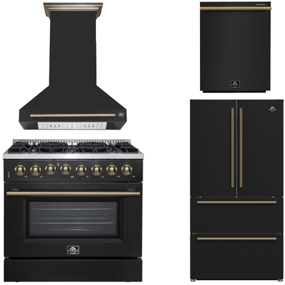 Black freestanding gas range with a matching range hood, shown alongside a black French-door refrigerator and a black undercounter refrigerator drawer unit on a white background.