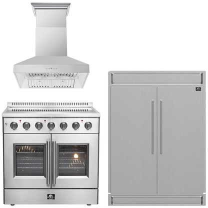 FORNO Package - 36" Electric French Door Range, Wall Mount Range Hood and Refrigerator, AP-FFSEL6917-36-3PK-1