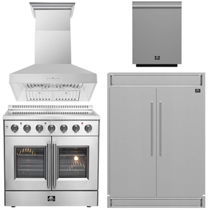 FORNO Package - 36" Electric French Door Range, Wall Mount Range Hood, Refrigerator and Dishwasher, AP-FFSEL6917-36-4PK-1