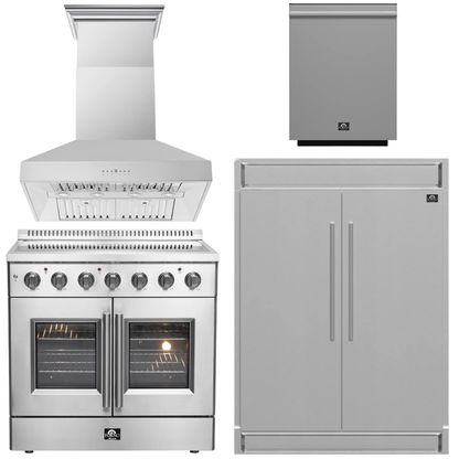 FORNO Package - 36" Electric French Door Range, Wall Mount Range Hood, Refrigerator and Dishwasher, AP-FFSEL6917-36-4PK-1