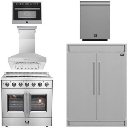 FORNO Package - 36" Electric French Door Range, Wall Mount Range Hood, Refrigerator, Dishwasher and Microwave, AP-FFSEL6917-36-5PK-1