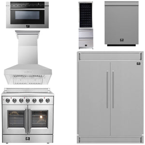 FORNO Package - 36" Electric French Door Range, Wall Mount Range Hood, Refrigerator, Dishwasher, Microwave and Wine Cooler, AP-FFSEL6917-36-6PK-1