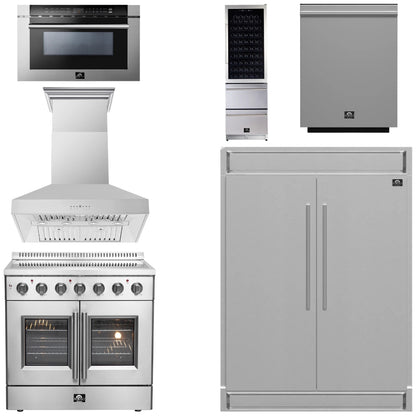 FORNO Package - 36" Electric French Door Range, Wall Mount Range Hood, Refrigerator, Dishwasher, Microwave and Wine Cooler, AP-FFSEL6917-36-6PK-1