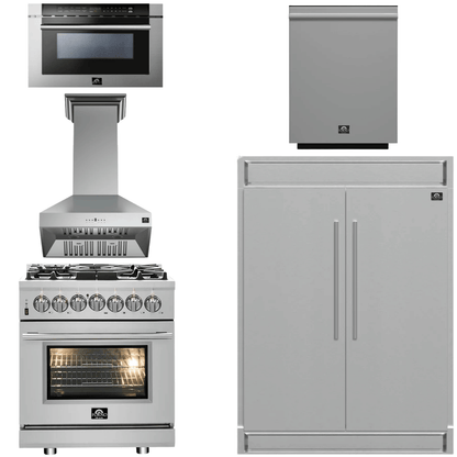 FORNO Appliance Package - 30" Dual Fuel Range, 30" Range Hood, 60" Refrigerator, Dishwasher, Microwave Drawer, AP-FFSGS6125-30-W-8