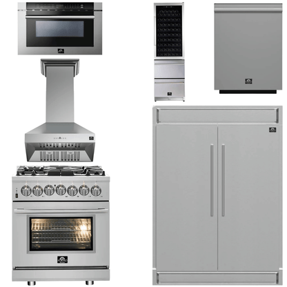 FORNO Appliance Package - 30" Dual Fuel Range, 30" Range Hood, 60" Refrigerator, Dishwasher, Microwave Drawer, Wine Cooler, AP-FFSGS6125-30-W-9