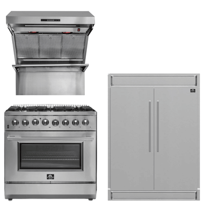 FORNO Appliance Package - 36 Inch Dual Fuel Range, Wall Mount Range Hood, 60 Inch Refrigerator, AP-FFSGS6156-36-4