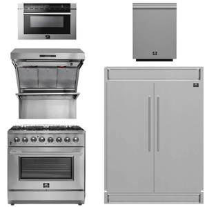 FORNO Package - 36 Inch Dual Fuel Range, Wall Mount Range Hood, Refrigerator, Microwave Drawer, Dishwasher, AP-FFSGS6156-36-8