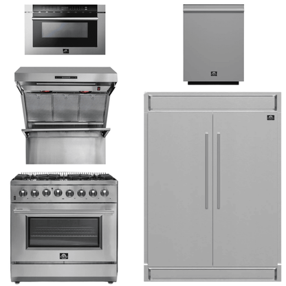 FORNO Package - 36 Inch Dual Fuel Range, Wall Mount Range Hood, Refrigerator, Microwave Drawer, Dishwasher, AP-FFSGS6156-36-8
