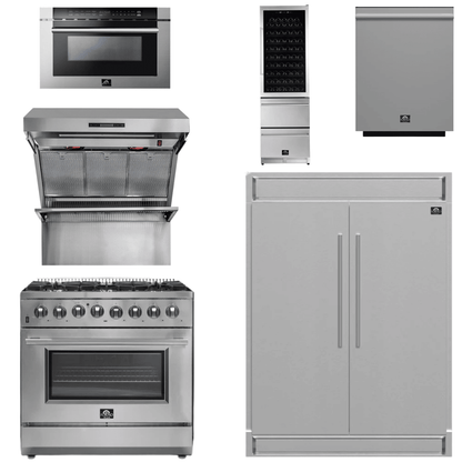 FORNO Appliance Package - 36 Inch Dual Fuel Range, Range Hood, Refrigerator, Microwave Drawer, Dishwasher, Wine Cooler, AP-FFSGS6156-36-9
