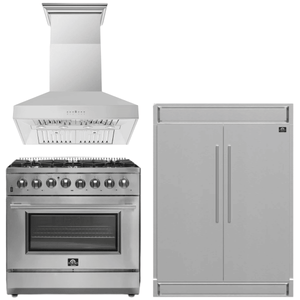 FORNO Appliance Package - 36 Inch Dual Fuel Range, Wall Mount Range Hood, Refrigerator, AP-FFSGS6156-36-W-4