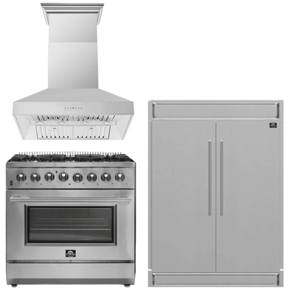 FORNO Appliance Package - 36 Inch Dual Fuel Range, Wall Mount Range Hood, Refrigerator, AP-FFSGS6156-36-W-4