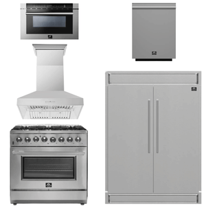 FORNO Package - 36 Inch Dual Fuel Range, Wall Mount Range Hood, Refrigerator, Microwave Drawer, Dishwasher, AP-FFSGS6156-36-W-8
