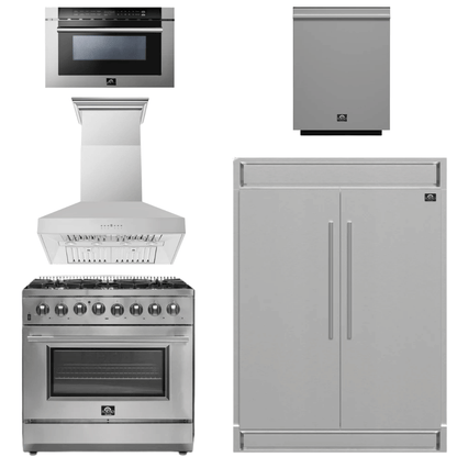FORNO Package - 36 Inch Dual Fuel Range, Wall Mount Range Hood, Refrigerator, Microwave Drawer, Dishwasher, AP-FFSGS6156-36-W-8