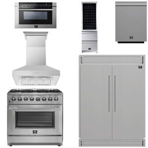 FORNO Appliance Package - 36 Inch Dual Fuel Range, Range Hood, Refrigerator, Microwave Drawer, Dishwasher, Wine Cooler, AP-FFSGS6156-36-W-9
