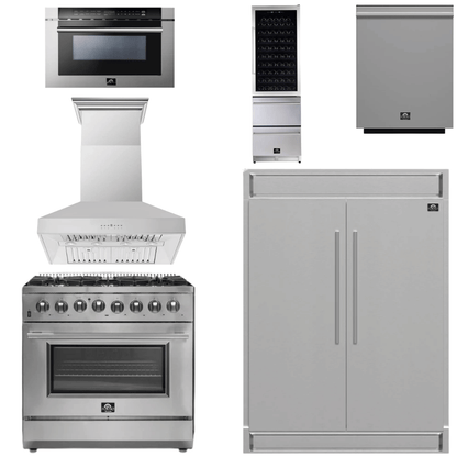 FORNO Appliance Package - 36 Inch Dual Fuel Range, Range Hood, Refrigerator, Microwave Drawer, Dishwasher, Wine Cooler, AP-FFSGS6156-36-W-9