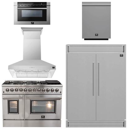 FORNO Appliance Package - 48" Gas Burner, Electric Oven Range, Range Hood, 60" Refrigerator, Dishwasher, Microwave Drawer, AP-FFSGS6156-48-17