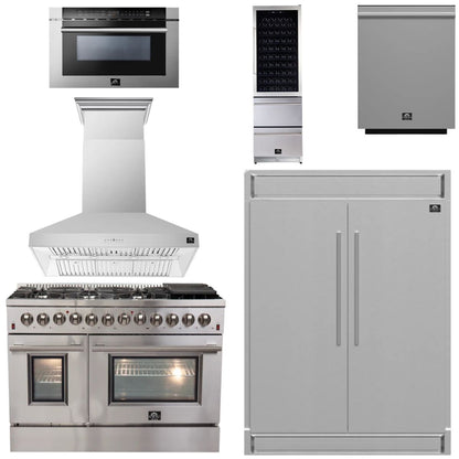 FORNO Appliance Package - 48" Dual Fuel Range, Range Hood, 60" Refrigerator, Dishwasher, Microwave, Wine Cooler