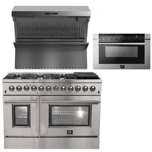 FORNO Appliance Package - 48 Inch Dual Fuel Range, Wall Mount Range Hood, Microwave Drawer, AP-FFSGS6156-48-3