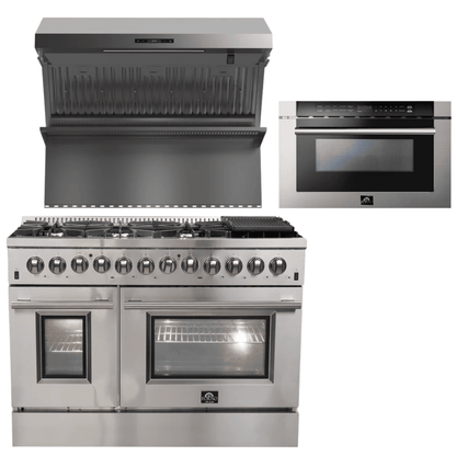 FORNO Appliance Package - 48 Inch Dual Fuel Range, Wall Mount Range Hood, Microwave Drawer, AP-FFSGS6156-48-3