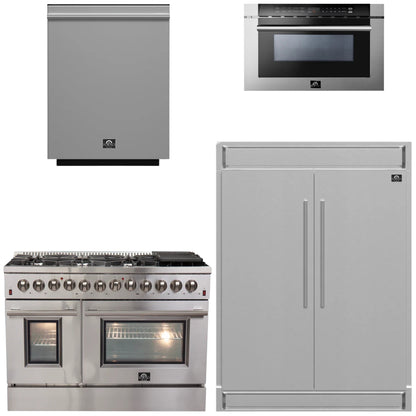 FORNO Appliance Package - 48" Dual Fuel Range, 60" Refrigerator, Microwave Drawer, Dishwasher, AP-FFSGS6156-48-4P