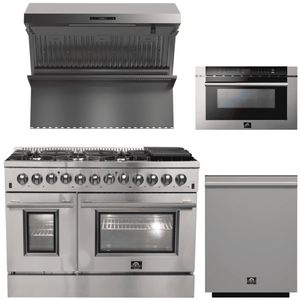 FORNO Appliance Package - 48 Inch Dual Fuel Range, Wall Mount Range Hood, Microwave Drawer, Dishwasher, AP-FFSGS6156-48-6