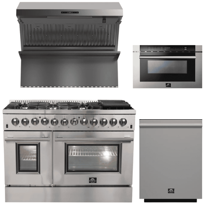 FORNO Appliance Package - 48 Inch Dual Fuel Range, Wall Mount Range Hood, Microwave Drawer, Dishwasher, AP-FFSGS6156-48-6
