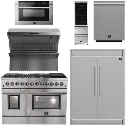 FORNO Appliance Package - 48" Dual Fuel Range, Range Hood, 60" Refrigerator, Microwave Drawer, Dishwasher, Wine Cooler, AP-FFSGS6156-48-6P
